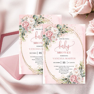 Boho Pretty Blush Floral Greenery Girl Baby Shower Invitation
