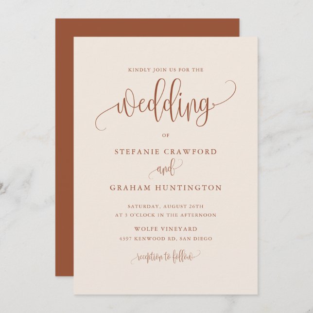 Boho Pretty Calligraphy Script Terracotta Wedding Invitation (Front/Back)