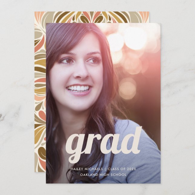 Boho Print with Retro Type Photo Graduation Invitation (Front/Back)