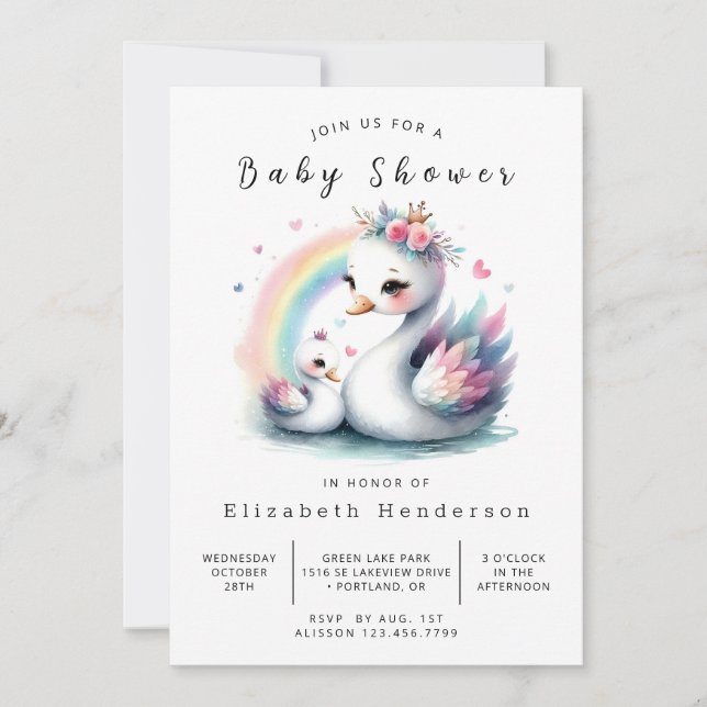 Boho Printable Swan Baby Shower Invitation (Front)