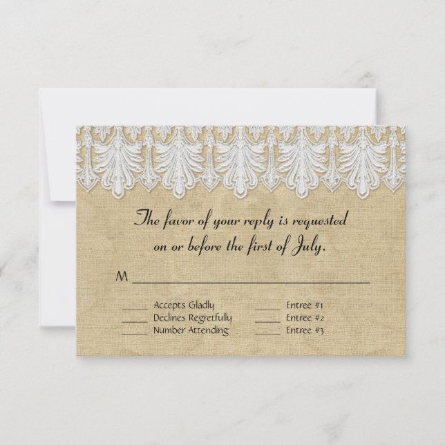 BOHO Printed Burlap n Lace gypsy Modern Mod Style RSVP Card (Front)