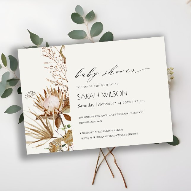 Boho Protea Dried Palm Floral Baby Shower Invite (Creator Uploaded)