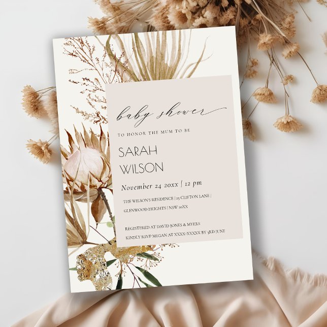 Boho Protea Dried Palm Floral Baby Shower Invite (Creator Uploaded)