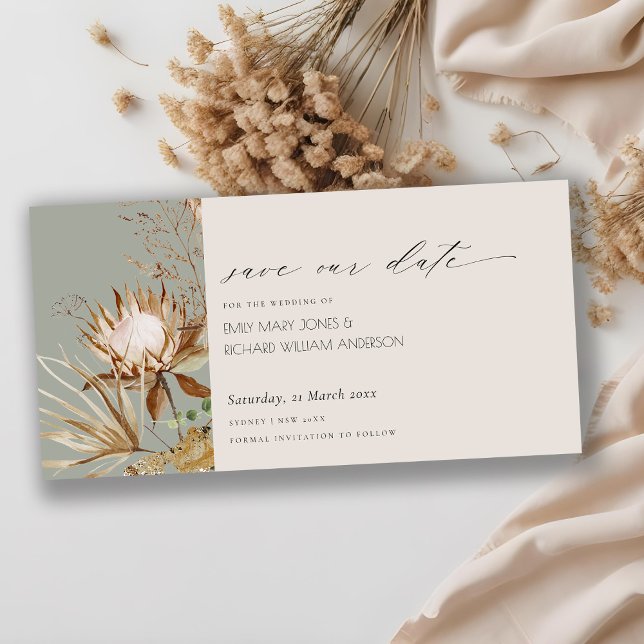 Boho Protea Dried Palm Floral Save the Date Card (Creator Uploaded)