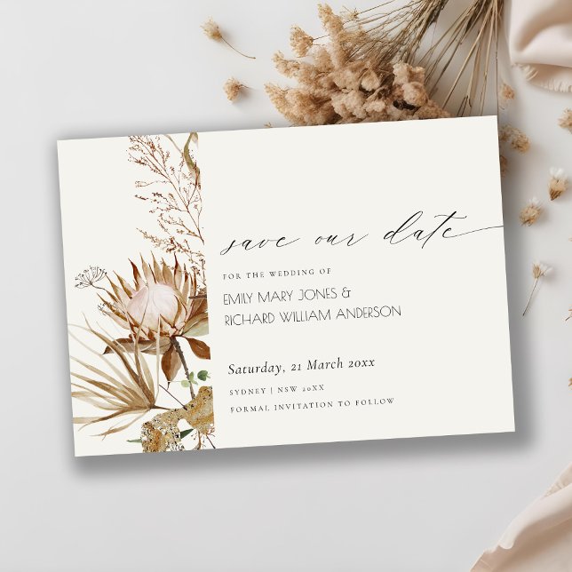 Boho Protea Dried Palm Floral Save the Date Card (Creator Uploaded)