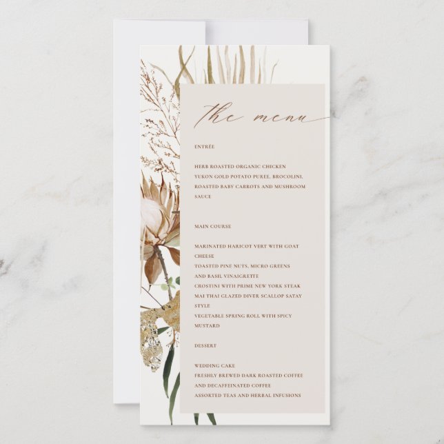 Boho Protea Dried Palm Floral Wedding Menu Card (Front)