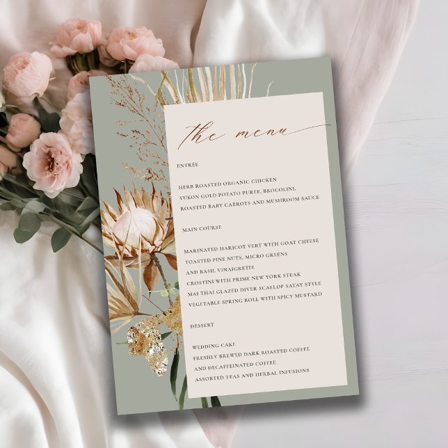 Boho Protea Dried Palm Floral Wedding Menu Card (Creator Uploaded)
