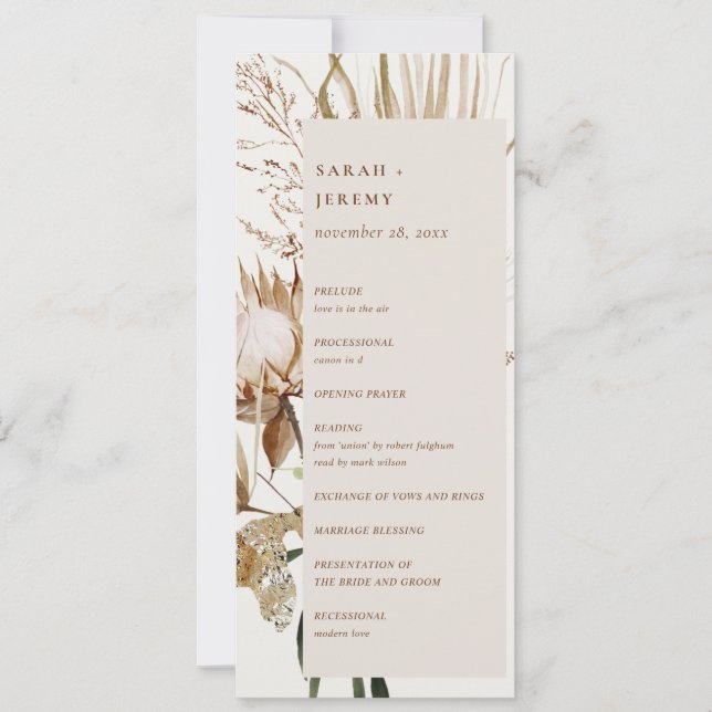 Boho Protea Dried Palm Floral Wedding Program (Front)