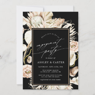 Boho Protea Pampas Grass Black Engagement Party Invitation