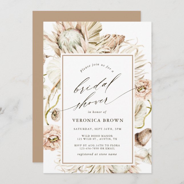 Boho Protea Pampas Grass Floral Bridal Shower Invitation (Front/Back)