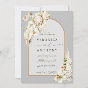 Boho Protea Pampas Grass Floral Grey Wedding Invitation