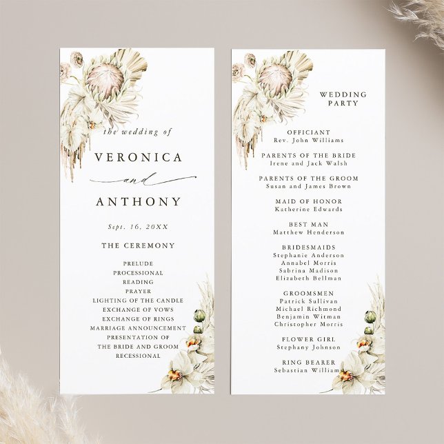 Boho Protea Pampas Grass Floral Wedding Ceremony  Program (Front & Back)