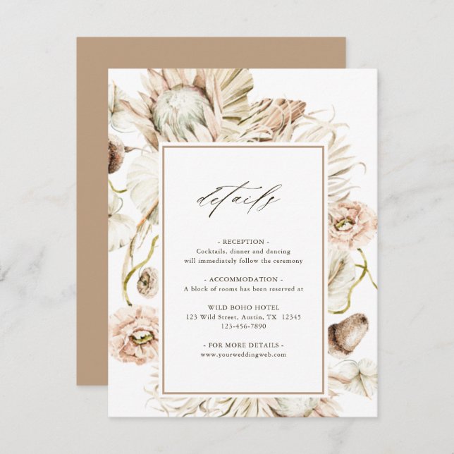 Boho Protea Pampas Grass Floral Wedding Details  Enclosure Card (Front/Back)