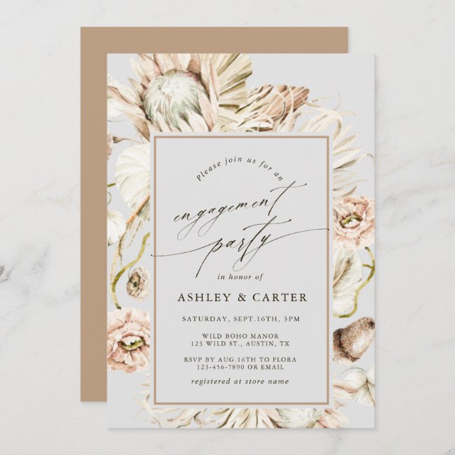 Boho Protea Pampas Grass Grey Engagement Party Invitation (Front/Back)