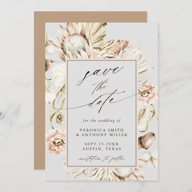 Boho Protea Pampas Grass Grey Wedding Photo Save The Date (Front/Back)