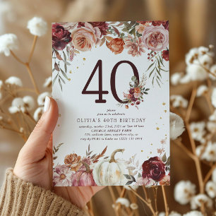 Boho Pumpkin Autumn Bloom 40th Birthday Invitation