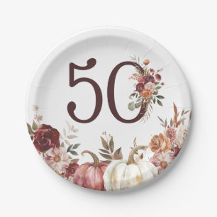 Boho Pumpkin Autumn Bloom 50th Birthday Paper Plate