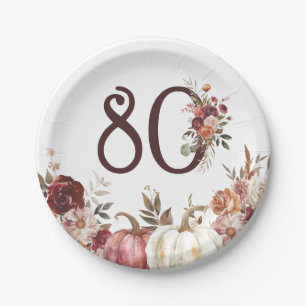 Boho Pumpkin Autumn Bloom 80th Birthday Paper Plate