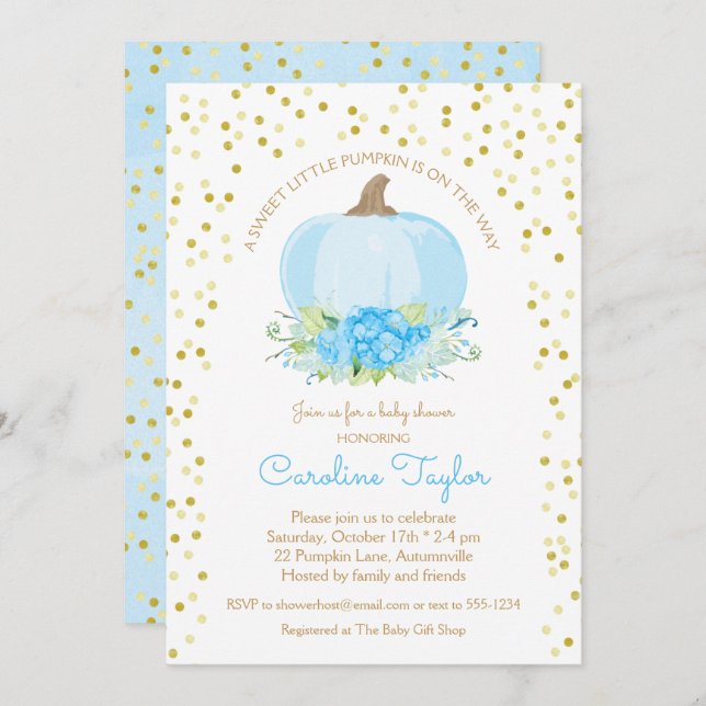 Boho Pumpkin Baby Boy Shower Watercolor Blue Gold Invitation (Front/Back)