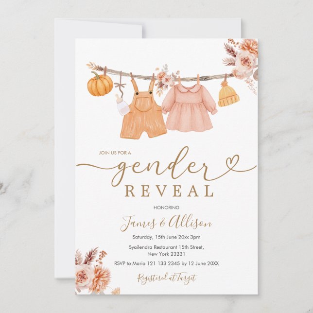  Boho Pumpkin Baby Clothes Gender Reveal Invitation (Front)
