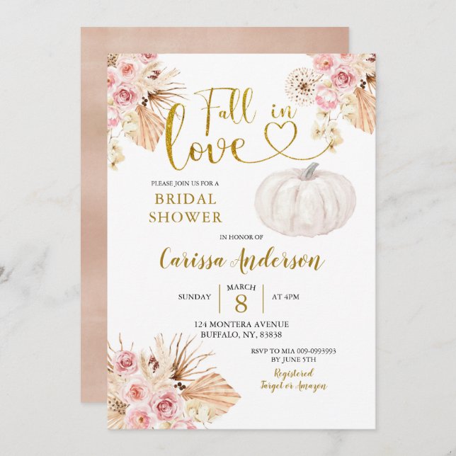 Boho Pumpkin Fall In Love Bridal Shower Invitation (Front/Back)