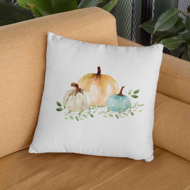 Boho Pumpkin Fall Watercolor Autumn Cushion (Autumn pumpkin watercolor fall decor pillow.)