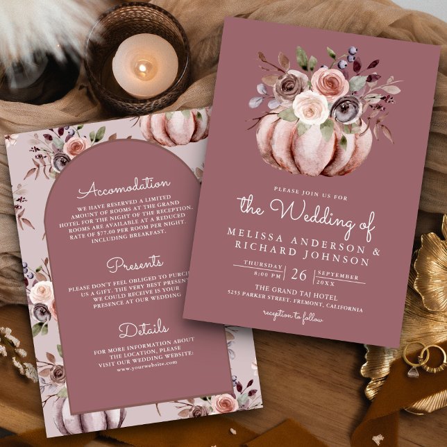 Boho Pumpkin Floral All in One Dusty Rose Wedding Invitation (Creator Uploaded)