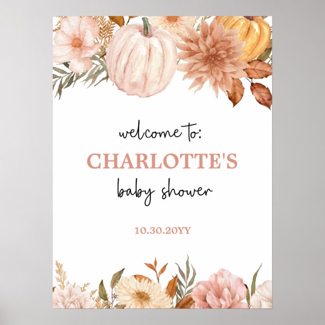 Boho Pumpkin Floral Fall Baby Shower Welcome Sign (Front)