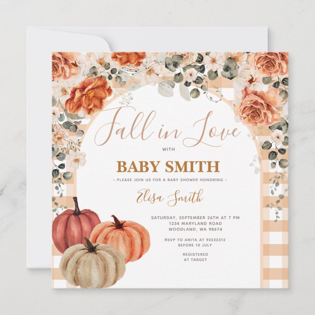 Boho Pumpkin Gingham Fall in love Baby Shower Invitation (Front)