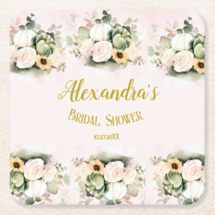 Boho Pumpkin Pampas Grass Elegant Bridal Shower Square Paper Coaster