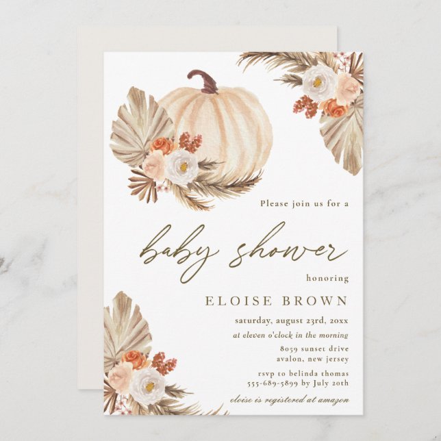 Boho Pumpkin Pampas Grass Floral Baby Shower  Invitation (Front/Back)