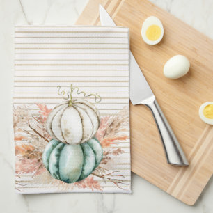 Boho Pumpkin Pampas Grass French Country Stripes Tea Towel