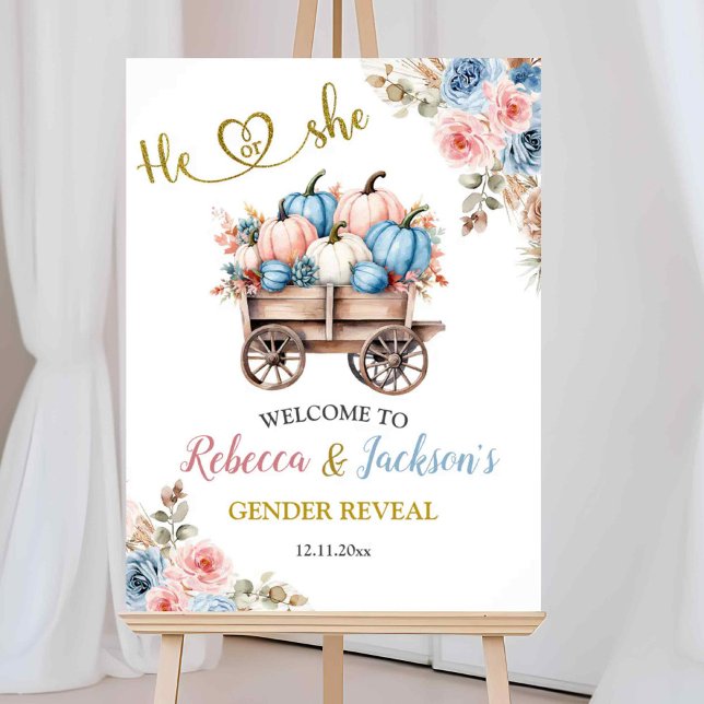 Boho Pumpkin Pampas Grass He or She Gender Reveal Poster (Creator Uploaded)