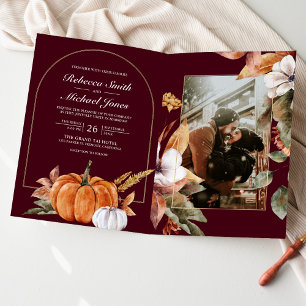 Boho Pumpkin Photo QR Code Burgundy Wedding Invitation