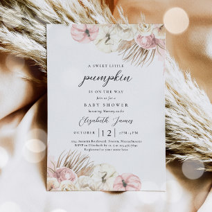 Boho Pumpkin Pink Pampas Grass Girl Baby Shower Invitation