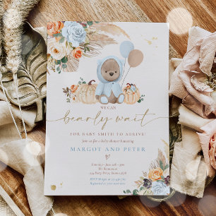 Boho Pumpkin Teddy Bear Blue Boy Baby Shower Invitation