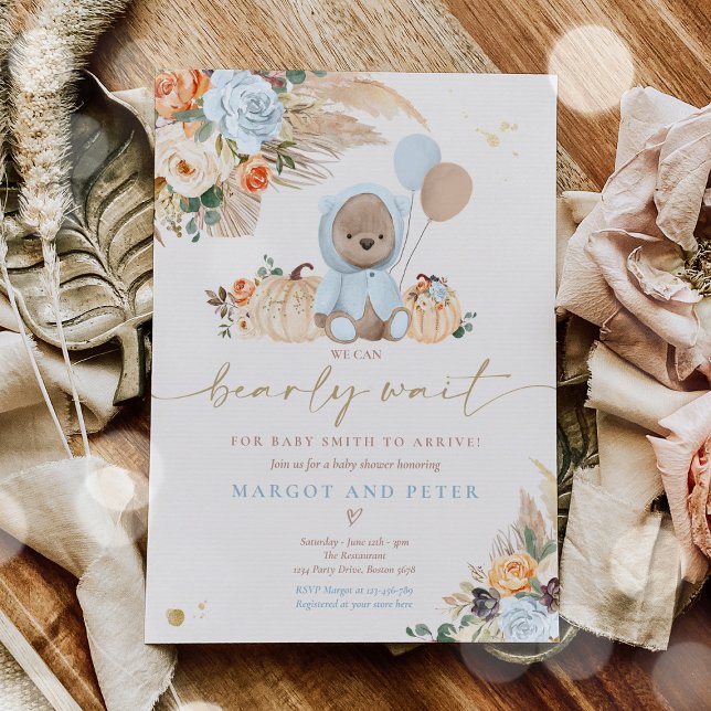 Boho Pumpkin Teddy Bear Blue Boy Baby Shower Invitation (Creator Uploaded)