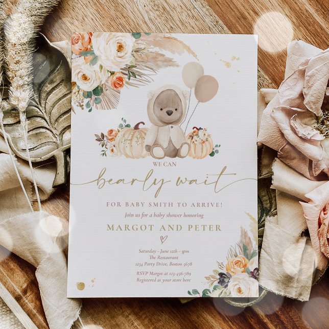 Boho Pumpkin Teddy Bear Gender Neutral Baby Shower Invitation (Creator Uploaded)