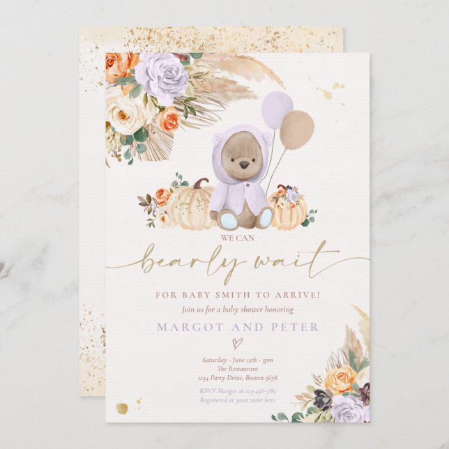 Boho Pumpkin Teddy Bear Lilac Bear Baby Shower Invitation (Front/Back)