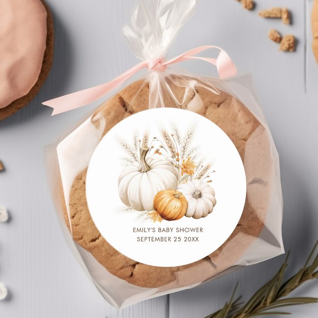 Boho Pumpkins Pampas Grasses Name Date Baby Shower Classic Round Sticker (Creator Uploaded)