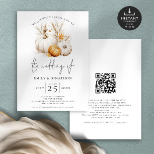 Boho Pumpkins Pampas QR Code Fall Wedding Invitation