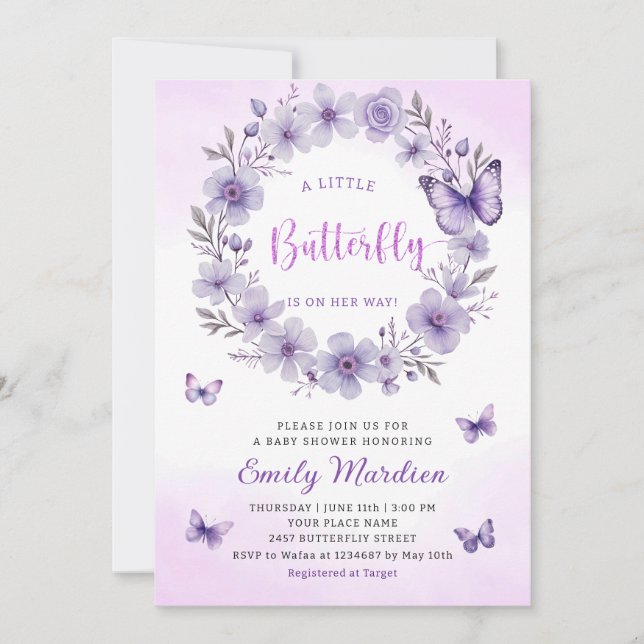 Boho Purple A Little Butterfly Girl Baby Shower Invitation (Front)