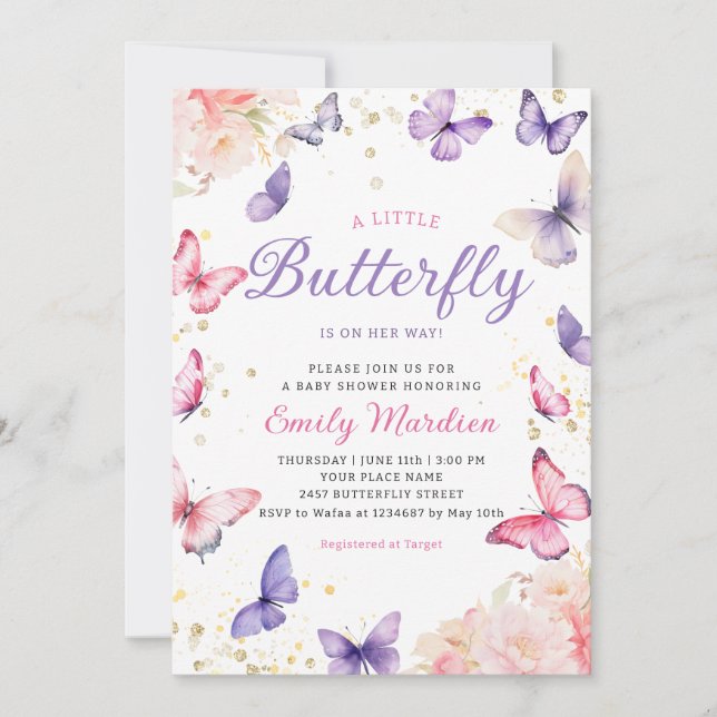 Boho Purple A Little Butterfly Girl Baby Shower  Invitation (Front)