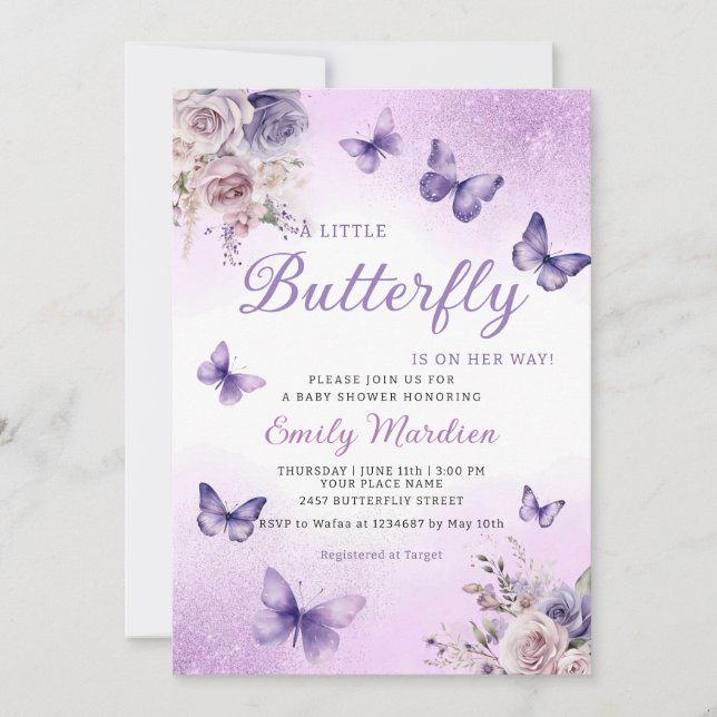 Boho Purple A Little Butterfly Girl Baby Shower  Invitation (Front)