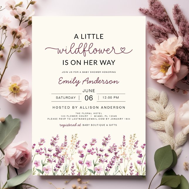 Boho Purple A Little Wildflower Baby Shower Invitation (Creator Uploaded)