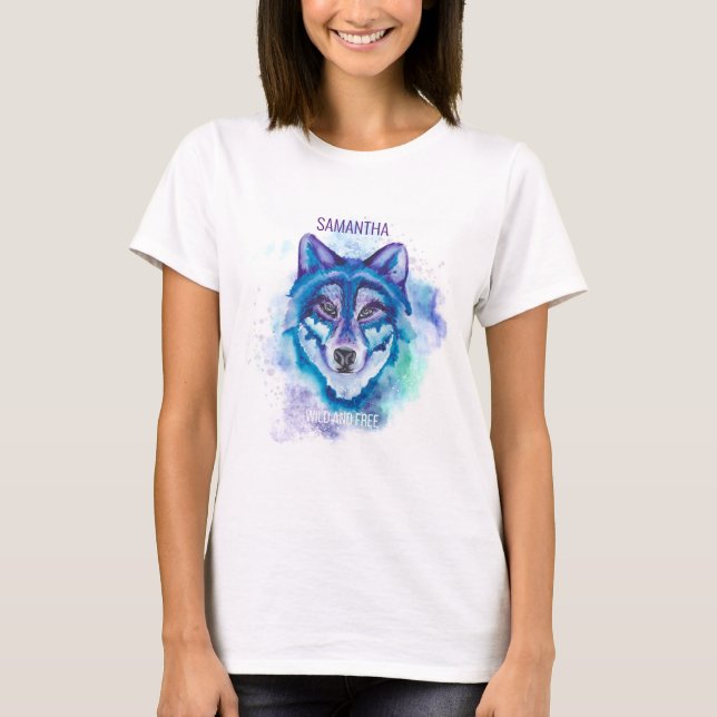 Boho Purple and BLue Watercolor Wolf Gift for her T-Shirt (Front)