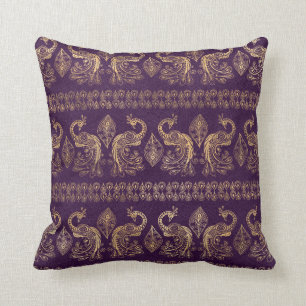 Boho Purple and Gold Peacock Cushion