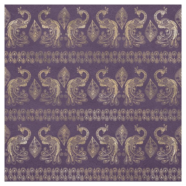 Boho Purple and Gold Peacock Fabric (Swatch)