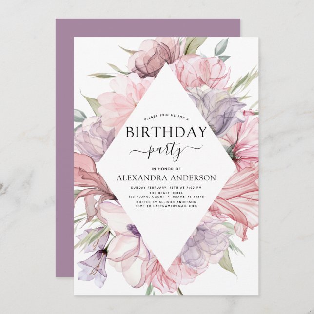 Boho Purple Any Age Birthday Floral Invitation (Front/Back)