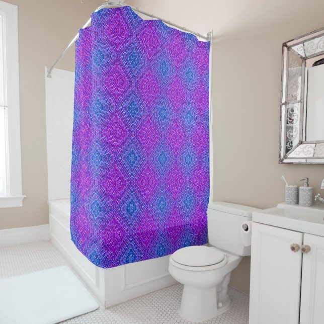 Boho Purple Blue Diamond Weave Pattern Shower Curtain (In Situ)